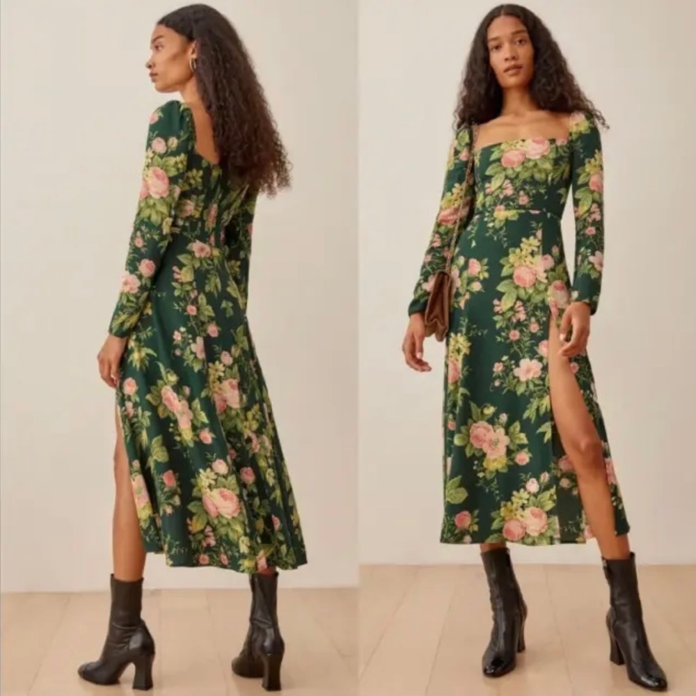 Reformation Dark Green Floral Long Sleeve Dress